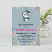 Invitation Pingouin bleu mou fleur douce baby shower enfants (Debout devant)