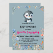 Invitation Pingouin bleu mou fleur douce baby shower enfants (Devant / Derrière)