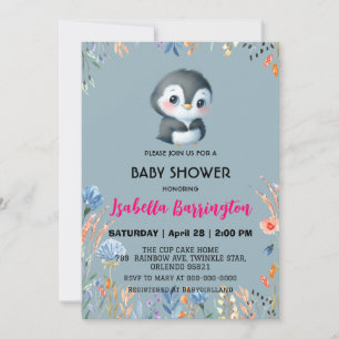 Invitation Pingouin bleu mou fleur douce baby shower enfants