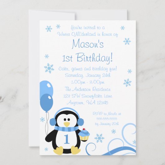 Invitation Pingouin Cupcake tourbillons hiver Onederland bleu (Devant)