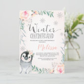 Invitation Pingouin d'argent floral hiver Onederland Annivers (Debout devant)