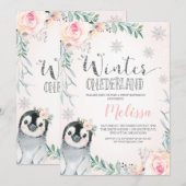 Invitation Pingouin d'argent floral hiver Onederland Annivers (Devant / Derrière)