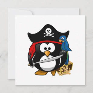 Invitation Pingouin de pirate mignon avec coffre au trésor