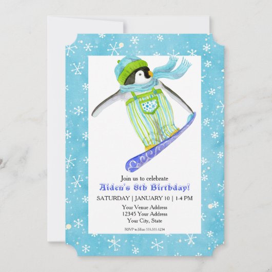 Invitation Pingouin de snowboard Anniversaire de la fête de s (Devant)