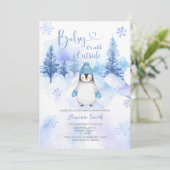 Invitation Pingouin d'hiver Pneus Baby shower bleu argent (Debout devant)