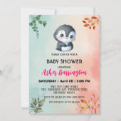 Invitation Pingouin doux mignon baby shower de fleurs de prin (Devant)