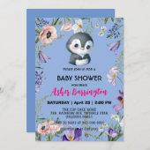 Invitation Pingouin doux mignon baby shower de fleurs rustiqu (Devant / Derrière)