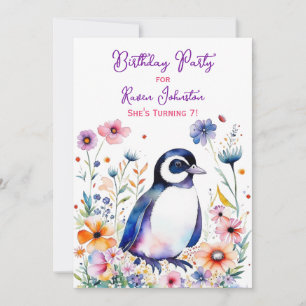 Invitation Pingouin en fleurs Anniversaire de la fille
