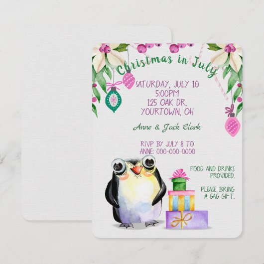 Invitation pingouin et cadeaux pour Noël à la fête de juillet (Devant / Derrière)
