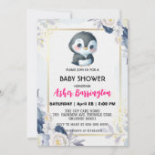 Invitation Pingouin Gold Cute baby shower de fleurs bleu enfa (Devant)