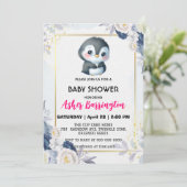 Invitation Pingouin Gold Cute baby shower de fleurs bleu enfa (Debout devant)