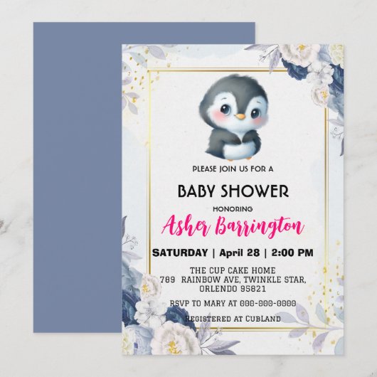 Invitation Pingouin Gold Cute baby shower de fleurs bleu enfa (Devant / Derrière)