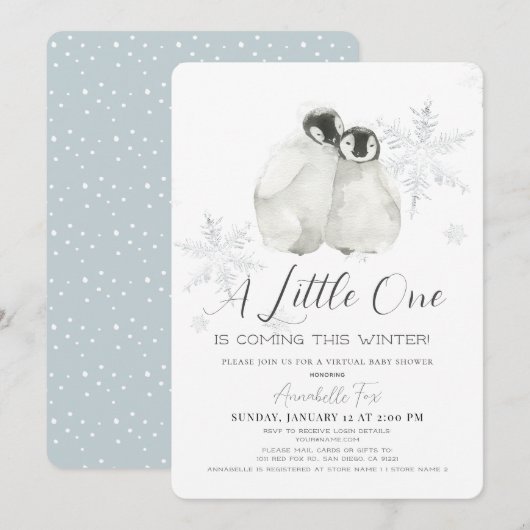 Invitation Pingouin Hiver Flocon de neige bleu Baby shower vi (Devant / Derrière)
