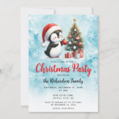 Invitation Pingouin mignon à Santa Hat Bleu Festif Noël (Devant)
