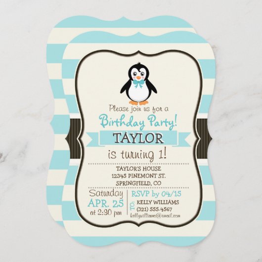 Invitation Pingouin mignon avec Bowtie Turquoise (Devant / Derrière)