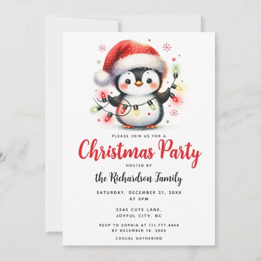 Invitation Pingouin mignon avec lumières Noël festif (Devant)