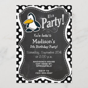Invitation Pingouin mignon sur Pois noir et blanc