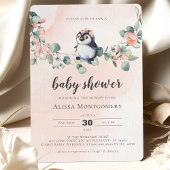 Invitation Pingouin rose Baby shower fille