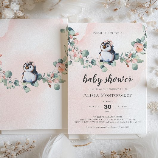 Invitation Pingouin rose Baby shower fille