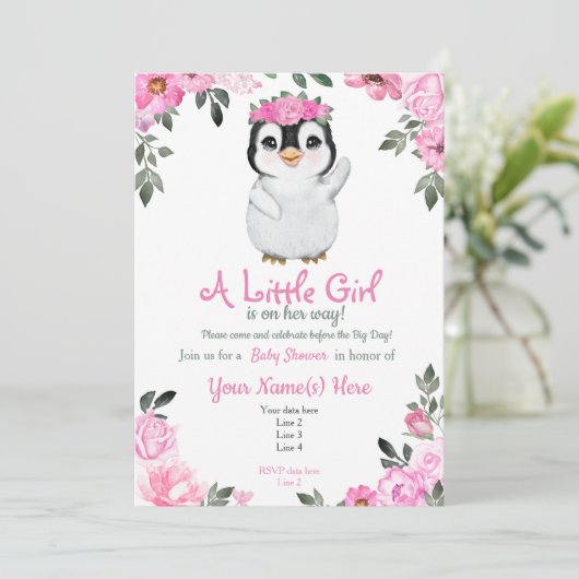 Invitation Pingouin rose Baby shower invitation, rustique (Debout devant)
