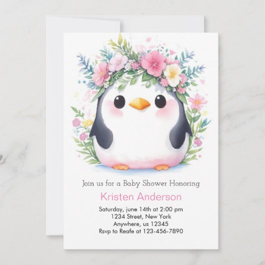 Invitation Pingouin rose Floral Joyful Baby shower Whimsy (Devant)