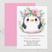 Invitation Pingouin rose Floral Joyful Baby shower Whimsy (Devant / Derrière)