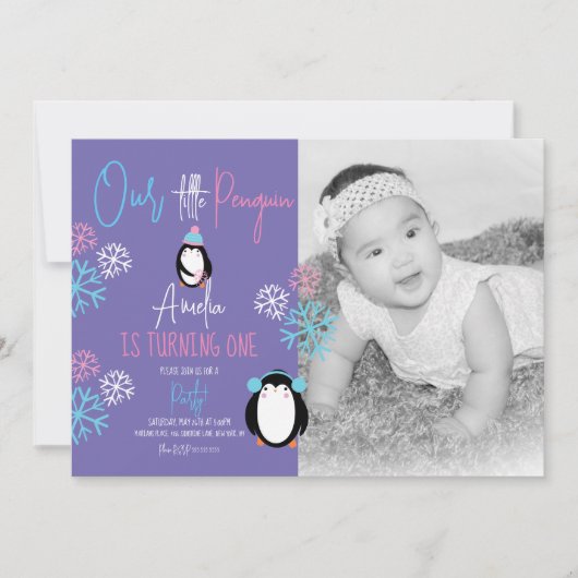 Invitation Pingouin Snowflakes Rose Bleu 1er anniversaire Pho (Devant)