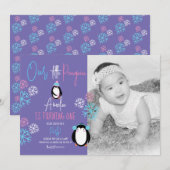 Invitation Pingouin Snowflakes Rose Bleu 1er anniversaire Pho (Devant / Derrière)