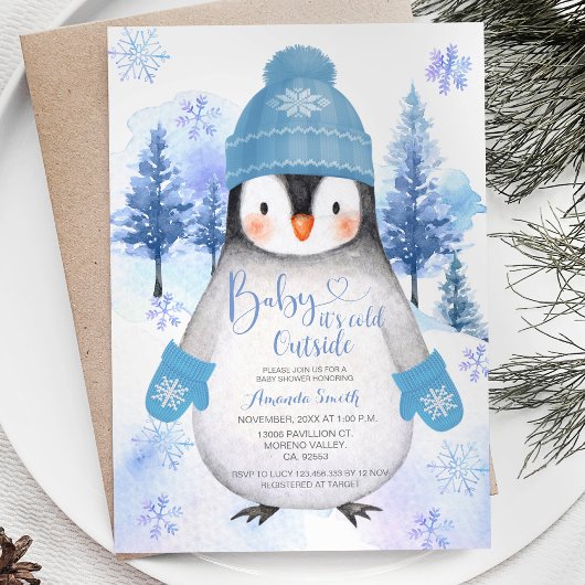 Invitation Pingouin tricoté casquette Snowflakes Silver Blue