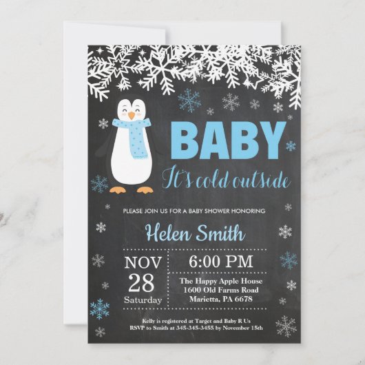 Invitation Pingouin Winter Boy Baby shower Chalkboard (Devant)