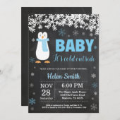 Invitation Pingouin Winter Boy Baby shower Chalkboard (Devant / Derrière)