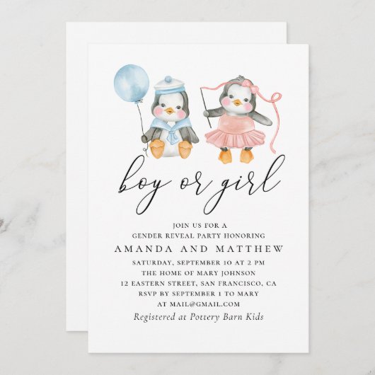 Invitation Pingouins aquarelle. Garçon ou fille. Détection du (Devant / Derrière)