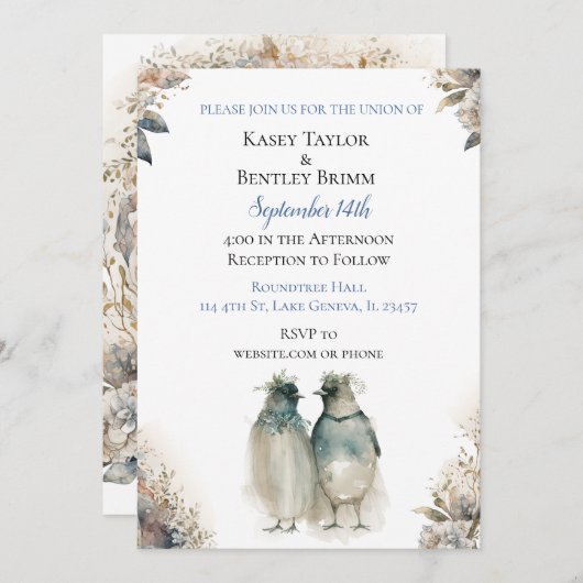 Invitation Pingouins d'aquarelle douce Mariage unique (Devant / Derrière)