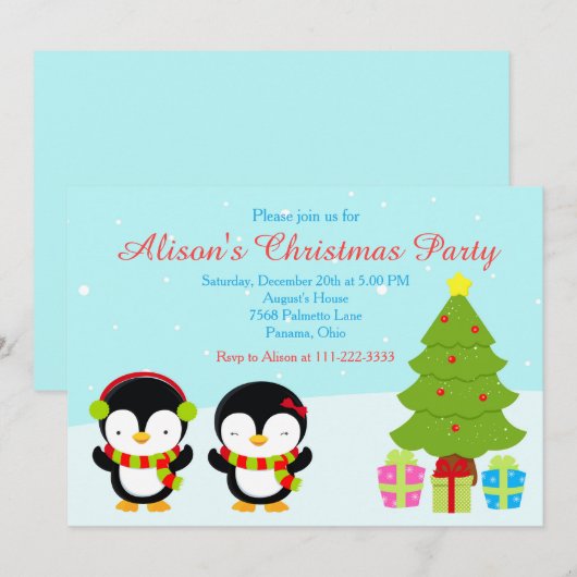Invitation Pingouins et arbre d'hiver de Noël mignons (Devant / Derrière)