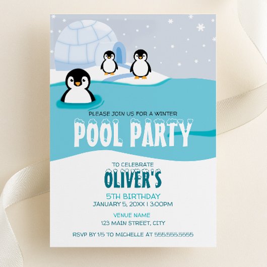 Invitation Pingouins Jeu de piscine d'hiver Anniversaire Invi