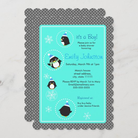 Invitation Pingouins ronds garçon baby shower 5 x 7 invitatio (Devant / Derrière)