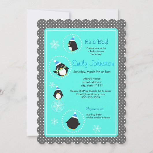 Invitation Pingouins ronds garçon baby shower 5 x 7 invitatio (Devant)