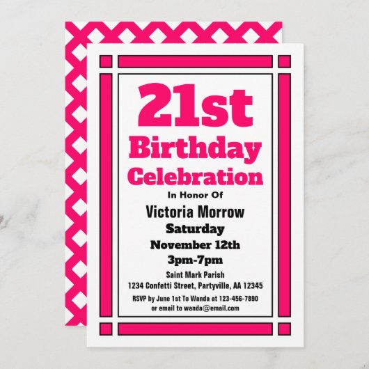 Invitation Pink 21st Birthday (Devant / Derrière)