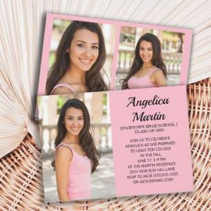 Invitation Pink 2-side 3 Photo Graduation Party