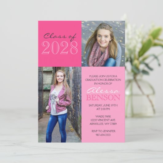 Invitation Pink 2 Toned Classic 2 Photo Graduation (Debout devant)