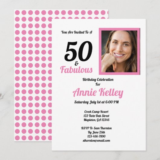 Invitation Pink 50 et Fabulous 50th Birthday Party (Devant / Derrière)