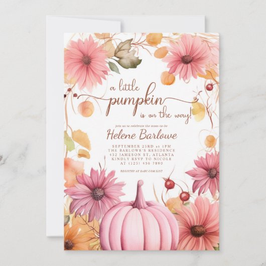 Invitation Pink A Little Citrouille Fall Baby shower (Devant)