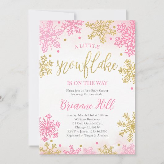 Invitation Pink A Little Snowflake Baby shower (Devant)