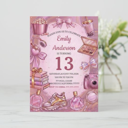 Invitation Pink Aesthetic Girl Birthday Party (Debout devant)