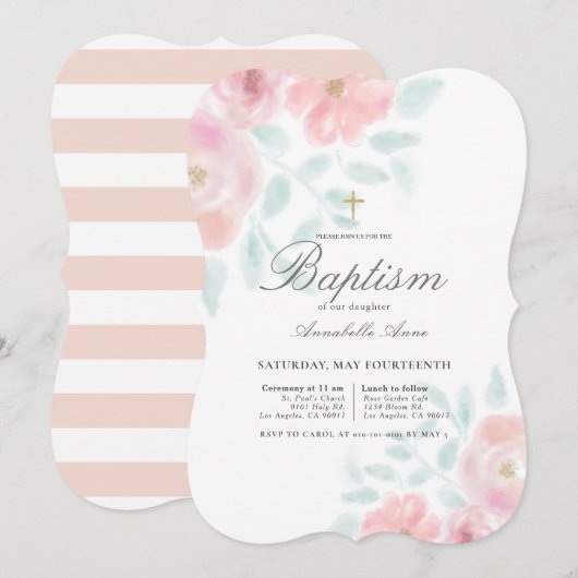 Invitation Pink Airy Roses Floral Girl Baptism (Devant / Derrière)