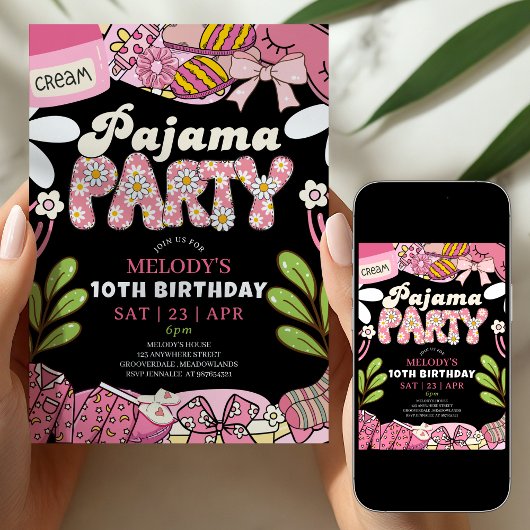 Invitation Pink and Black Daisy Pajama Party Birthday