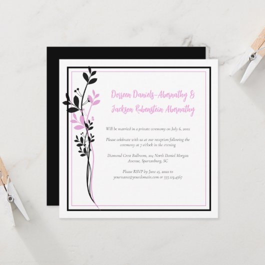 Invitation Pink and Black Floral Reception Only | (Devant/Arrière en situation)