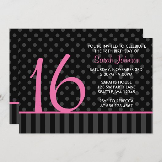 Invitation Pink and Black Polka Dot Stripes Sweet 16 Annivers (Devant / Derrière)