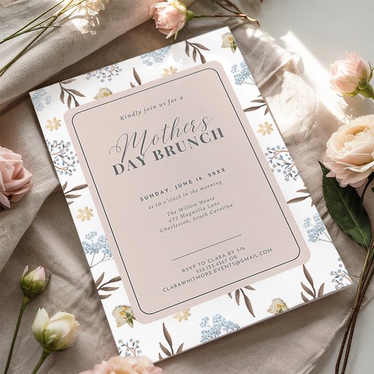 Invitation Pink and Blue Elegant Floral Mère's Day Brunch