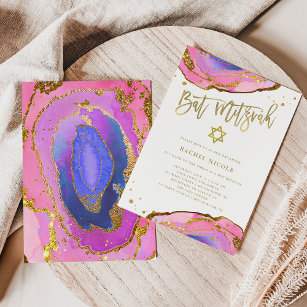 Invitation Pink and Blue Geode with Gold   Bat Mitzvah